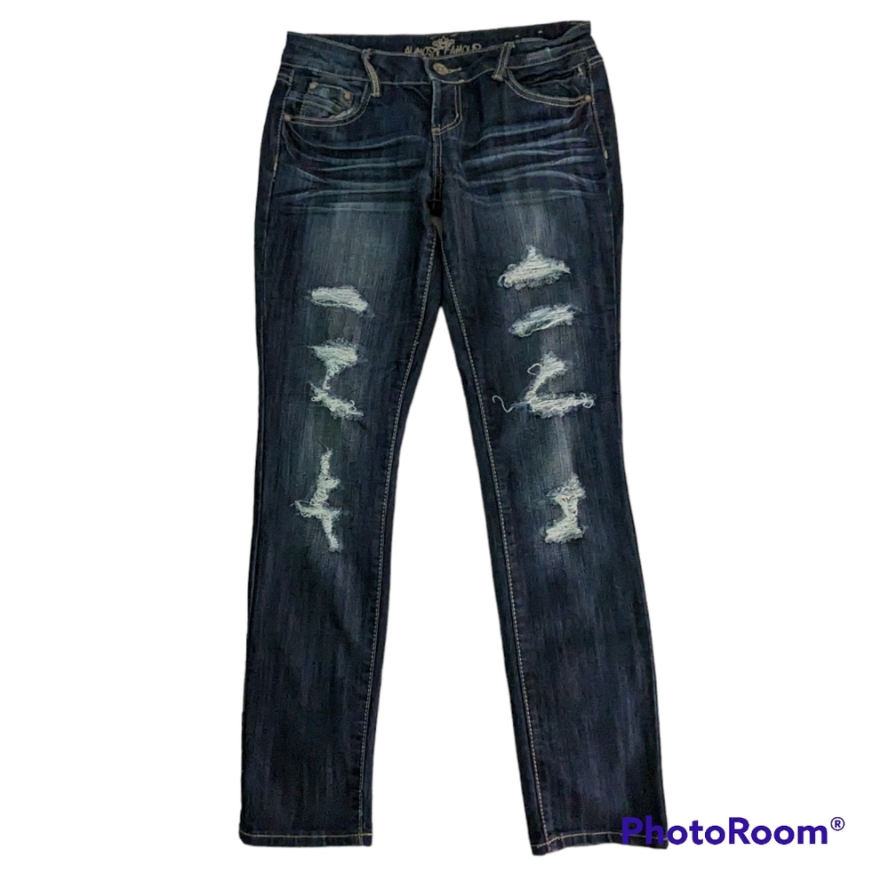 Almost Famous Jeans Junior Sz 9 Dark Blue Denim Boot Cut Destroyed Whiskers